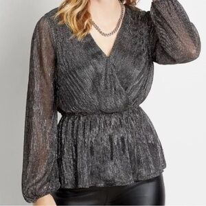 Maurices Women L Gunmetal Shimmer Long Sleeve V-Neck Faux Wrap Peplum Blouse